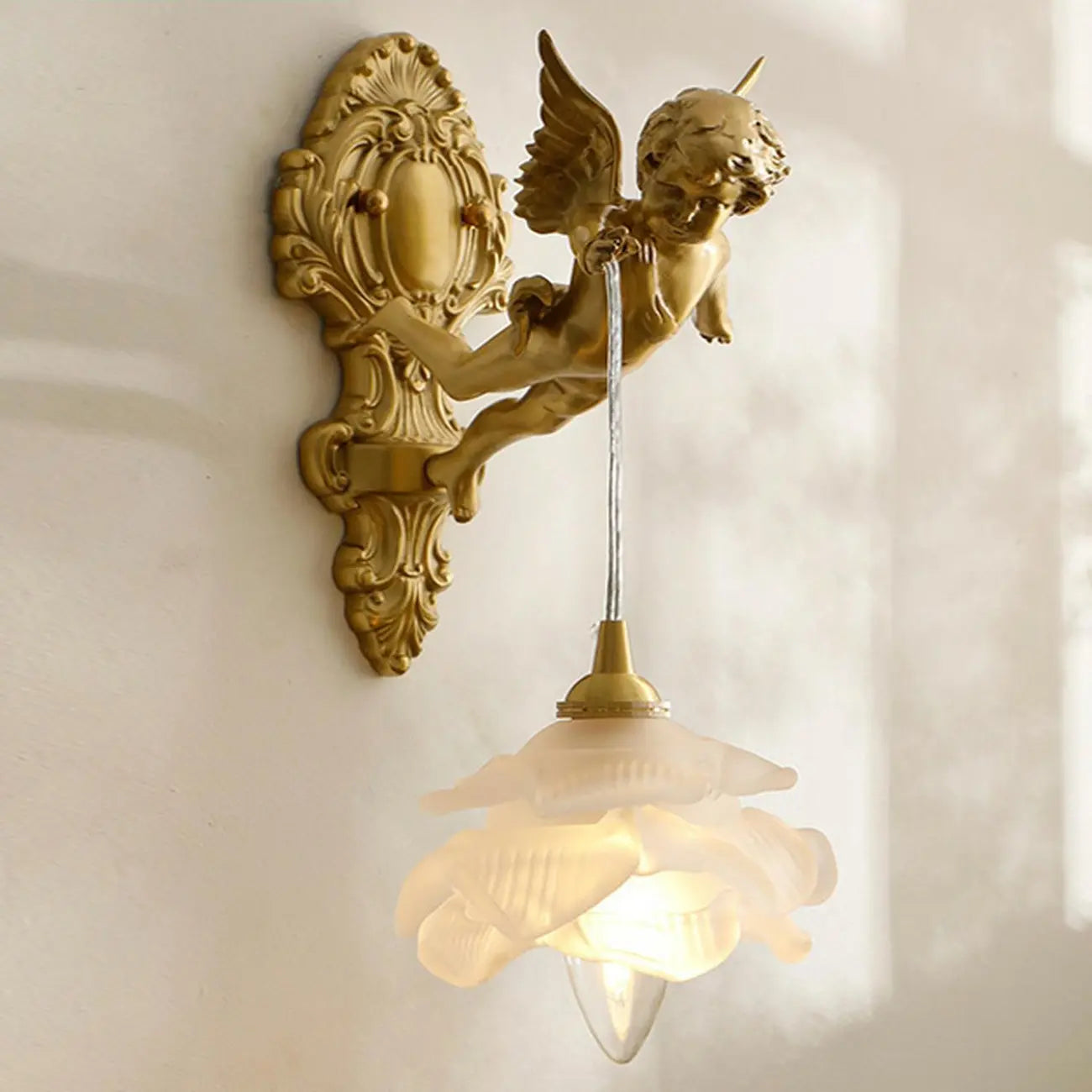 Artistic Vintage Gold Angel Wall Sconce with Crystal Shade