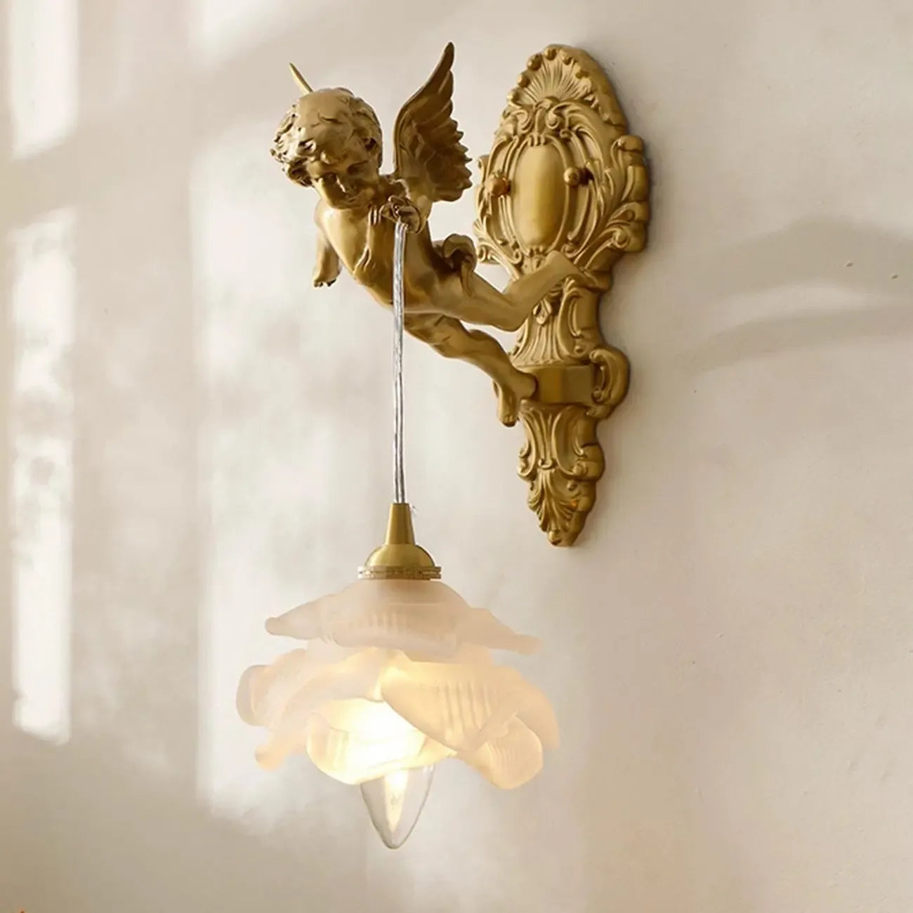 Artistic Vintage Gold Angel Wall Sconce with Crystal Shade