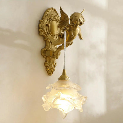 Artistic Vintage Gold Angel Wall Sconce with Crystal Shade