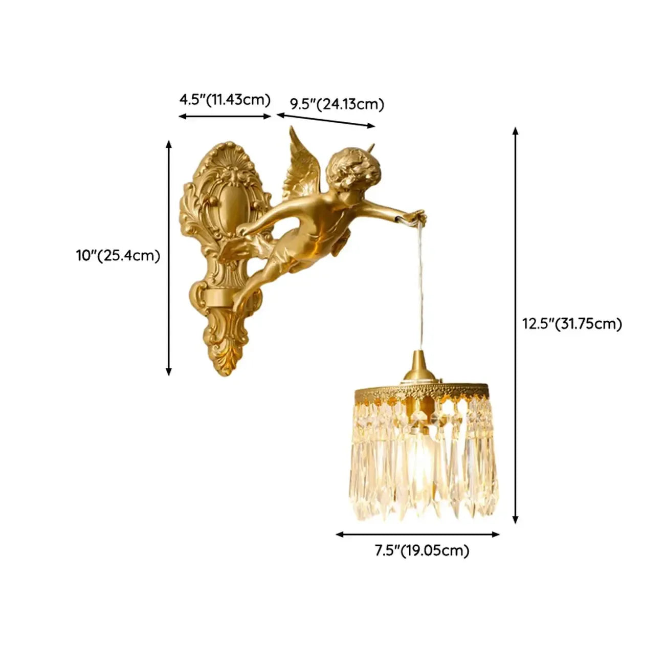 Artistic Vintage Gold Angel Wall Sconce with Crystal Shade