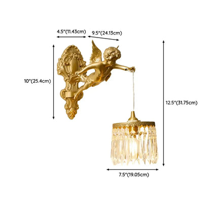 Artistic Vintage Gold Angel Wall Sconce with Crystal Shade