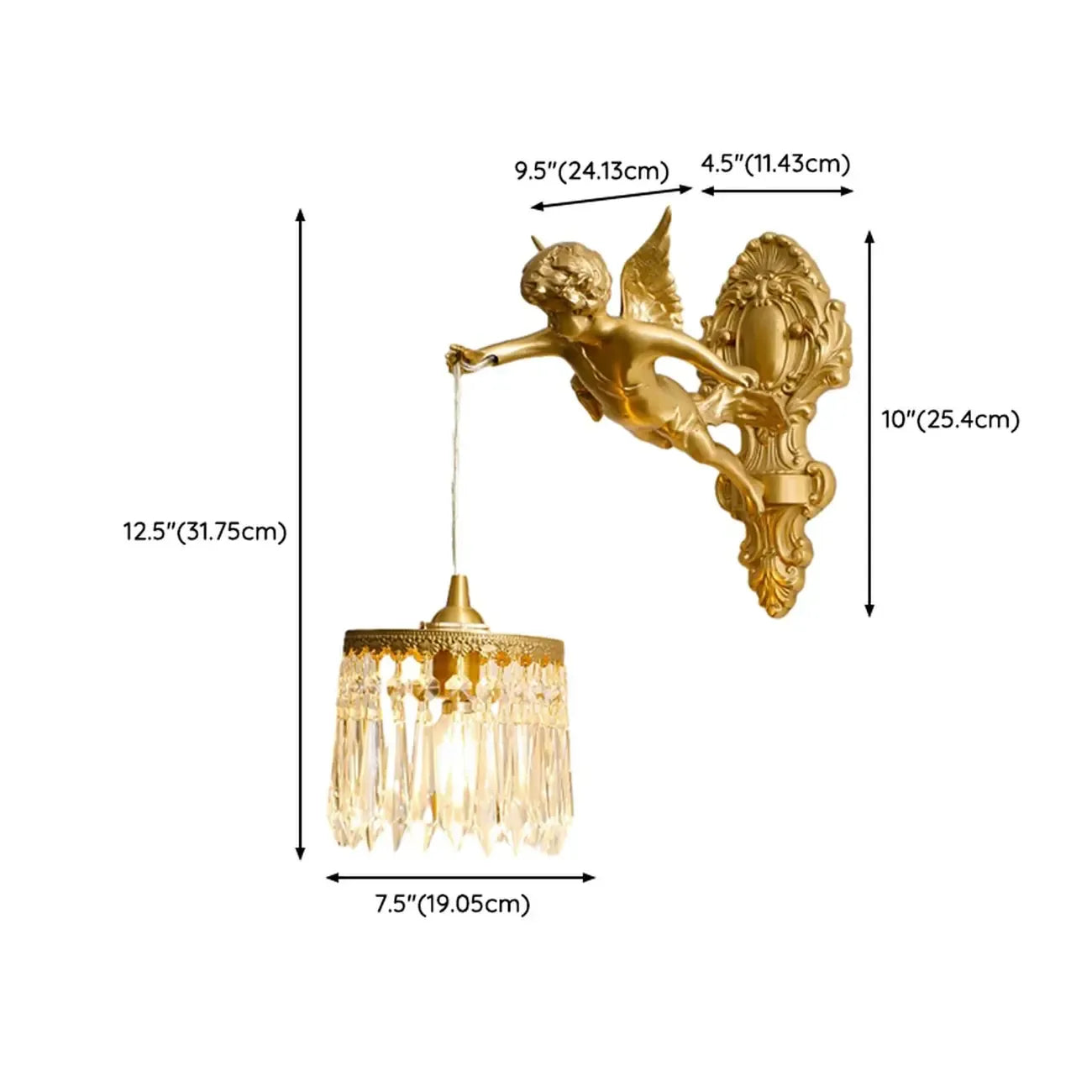 Artistic Vintage Gold Angel Wall Sconce with Crystal Shade