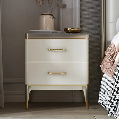 Glam Gold White Metallic Top 2-Drawer Nightstand