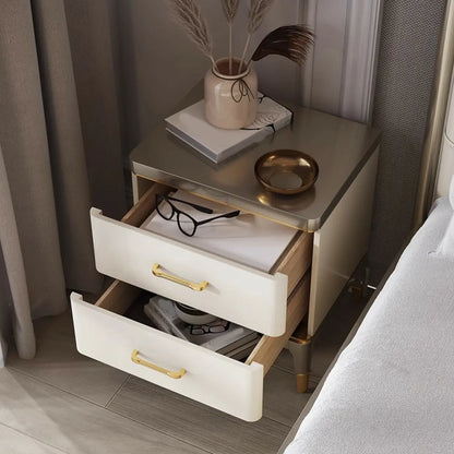Glam Gold White Metallic Top 2-Drawer Nightstand