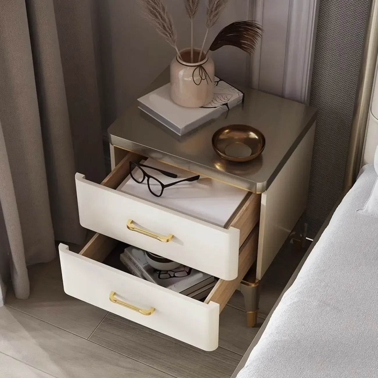 Glam Gold White Metallic Top 2-Drawer Nightstand