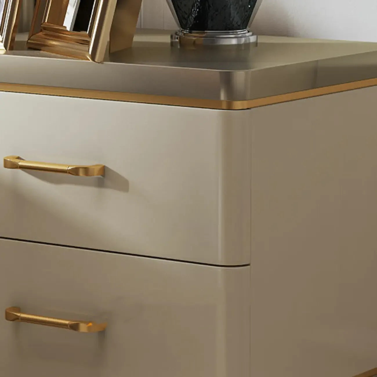 Glam Gold White Metallic Top 2-Drawer Nightstand