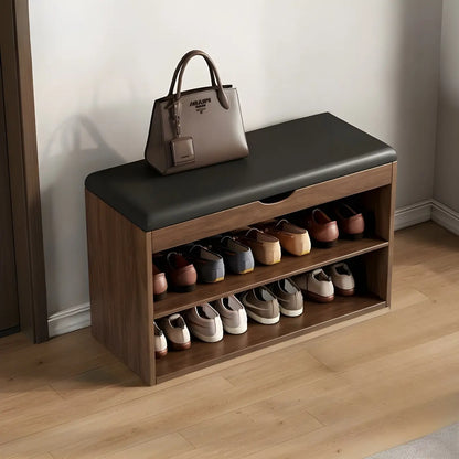 Solid Wood Shoe Storage Bench with Cushion Top & Open Shelf