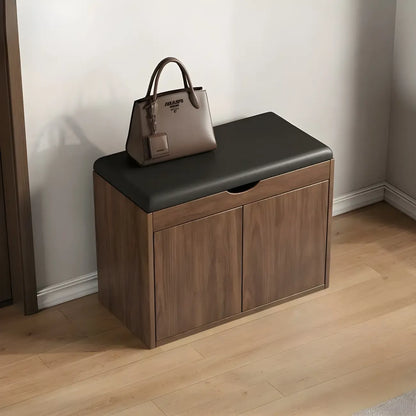 Solid Wood Shoe Storage Bench with Cushion Top & Open Shelf