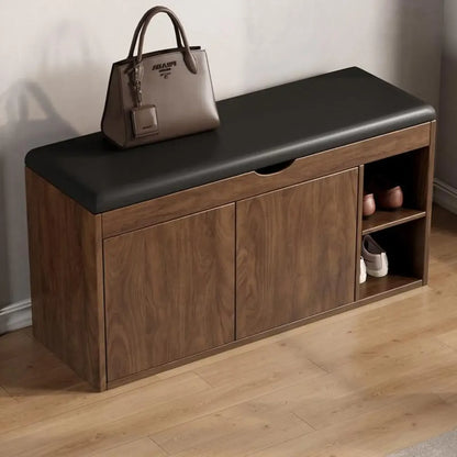 Solid Wood Shoe Storage Bench with Cushion Top & Open Shelf