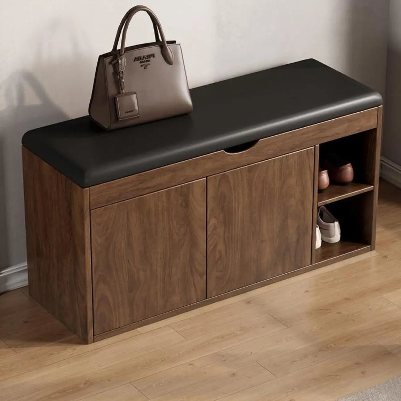 Solid Wood Shoe Storage Bench with Cushion Top & Open Shelf