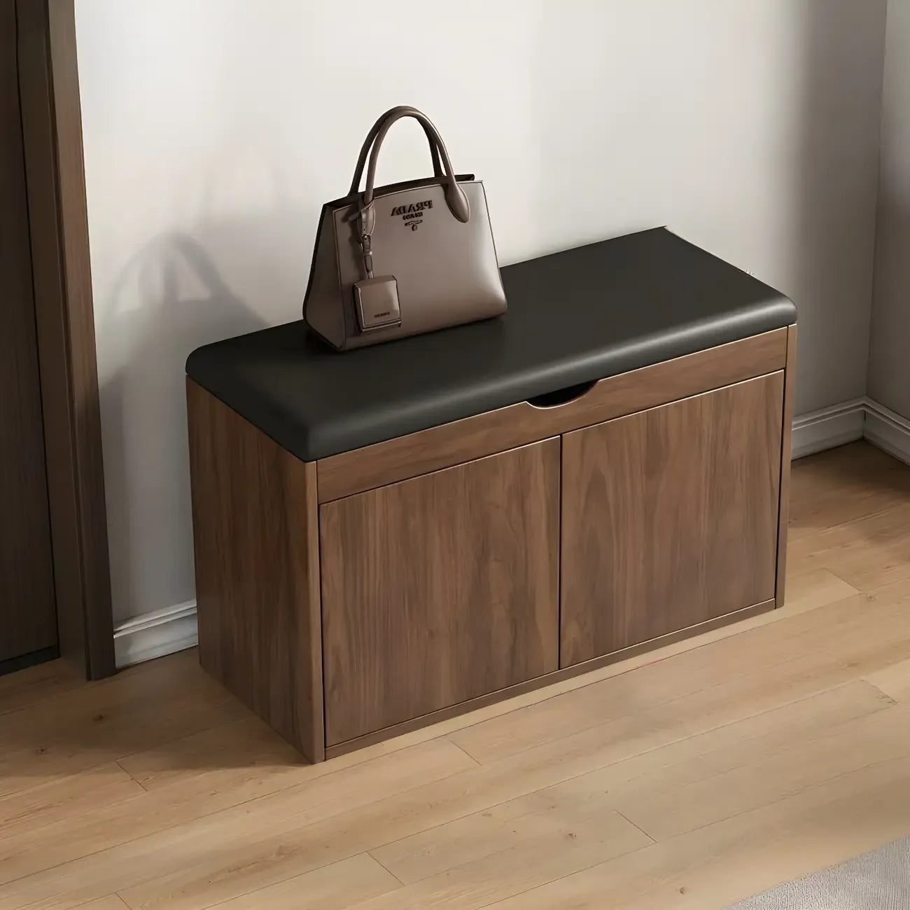 Solid Wood Shoe Storage Bench with Cushion Top & Open Shelf