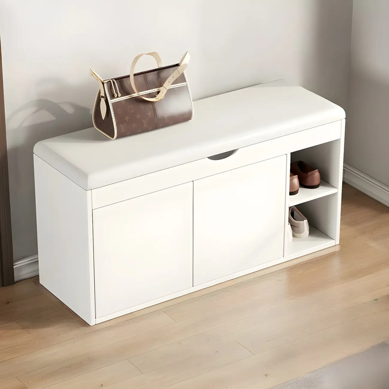 Solid Wood Shoe Storage Bench with Cushion Top & Open Shelf