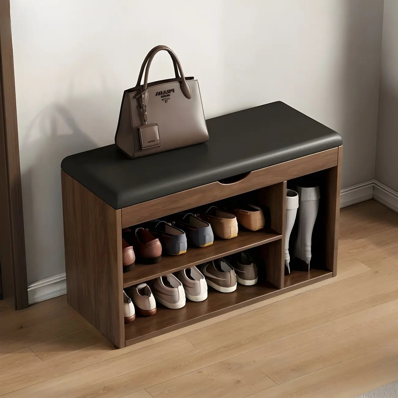 Solid Wood Shoe Storage Bench with Cushion Top & Open Shelf