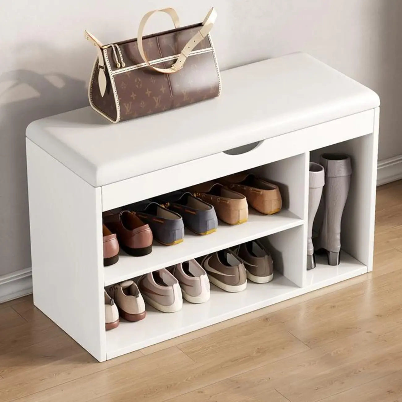 Solid Wood Shoe Storage Bench with Cushion Top & Open Shelf