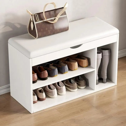 Solid Wood Shoe Storage Bench with Cushion Top & Open Shelf