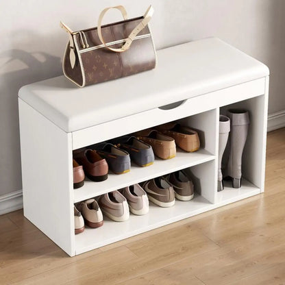 Solid Wood Shoe Storage Bench with Cushion Top & Open Shelf