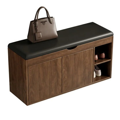 Solid Wood Shoe Storage Bench with Cushion Top & Open Shelf