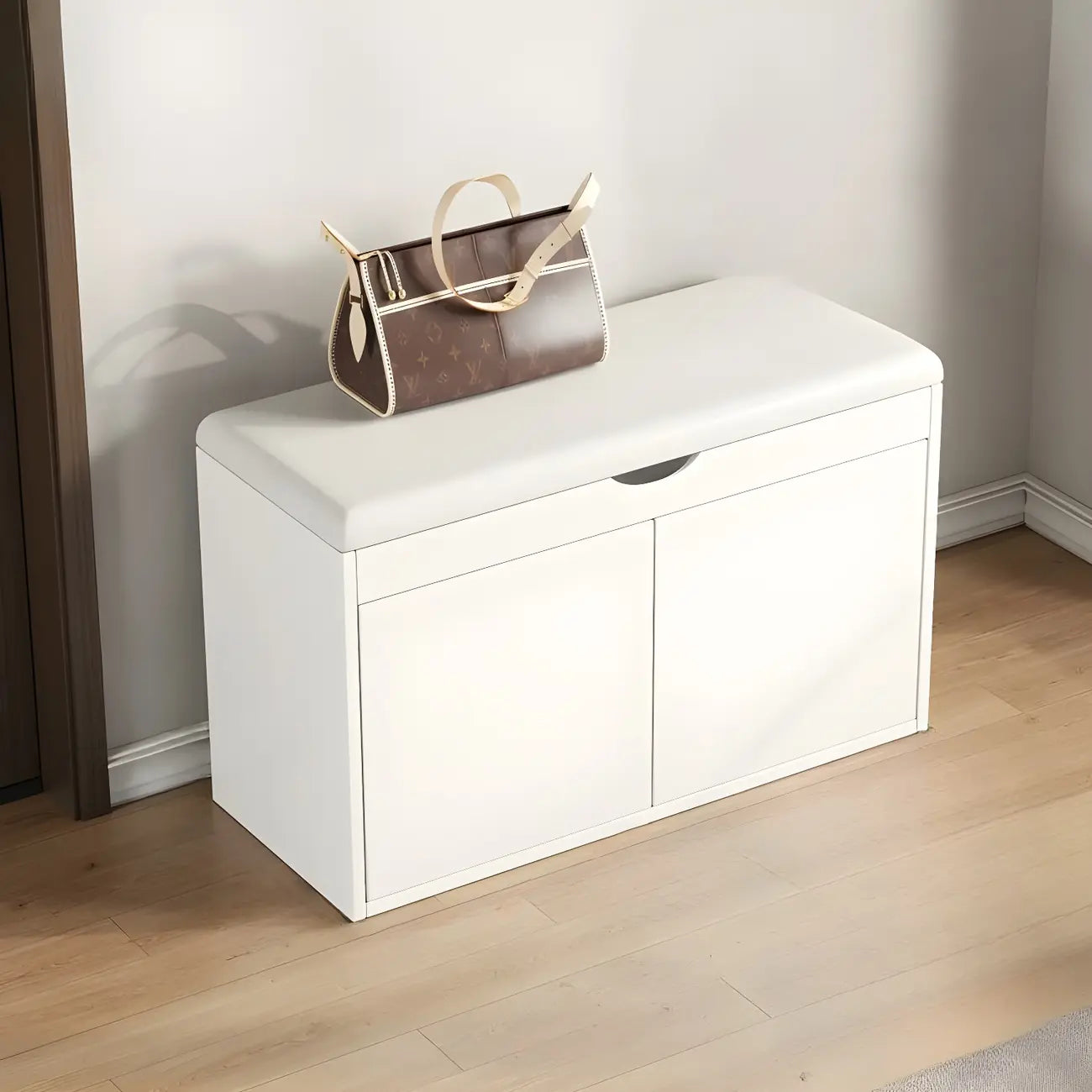 Solid Wood Shoe Storage Bench with Cushion Top & Open Shelf