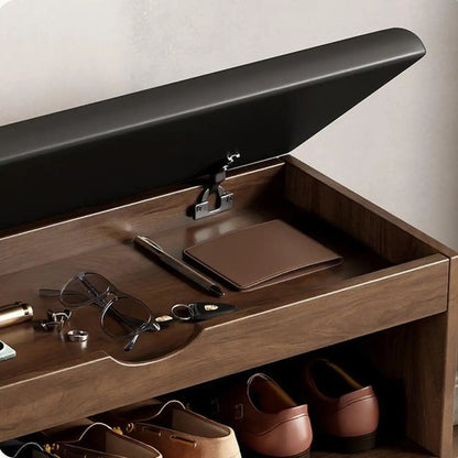 Solid Wood Shoe Storage Bench with Cushion Top & Open Shelf