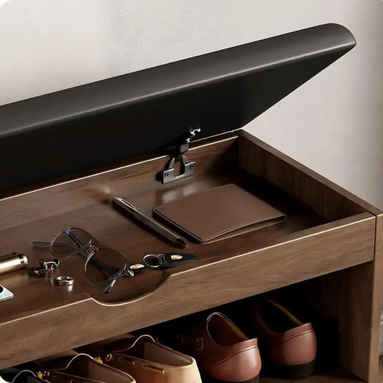 Solid Wood Shoe Storage Bench with Cushion Top & Open Shelf