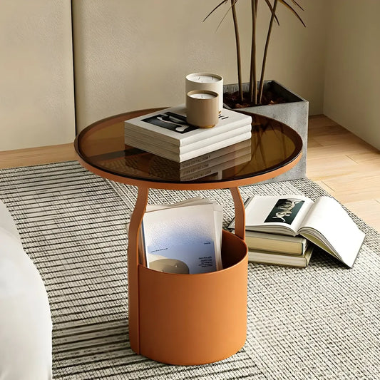 Nordic Round Glass End Table with Drum Base and Storage