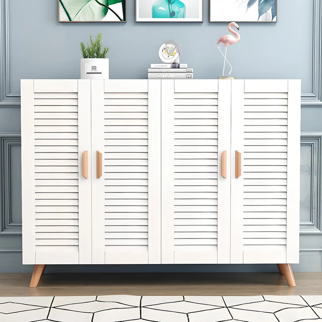 White Louvered Solid Wood Shoe Cabinet for Entryway