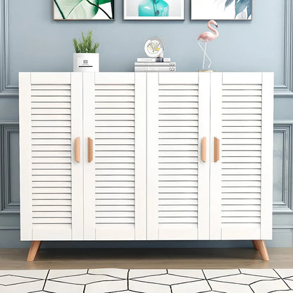 White Louvered Solid Wood Shoe Cabinet for Entryway