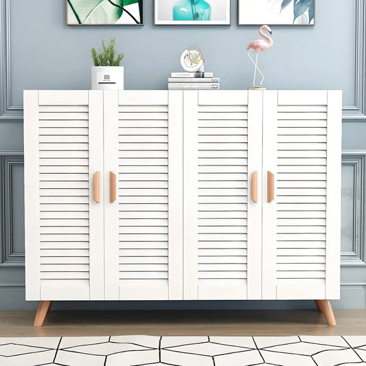 White Louvered Solid Wood Shoe Cabinet for Entryway