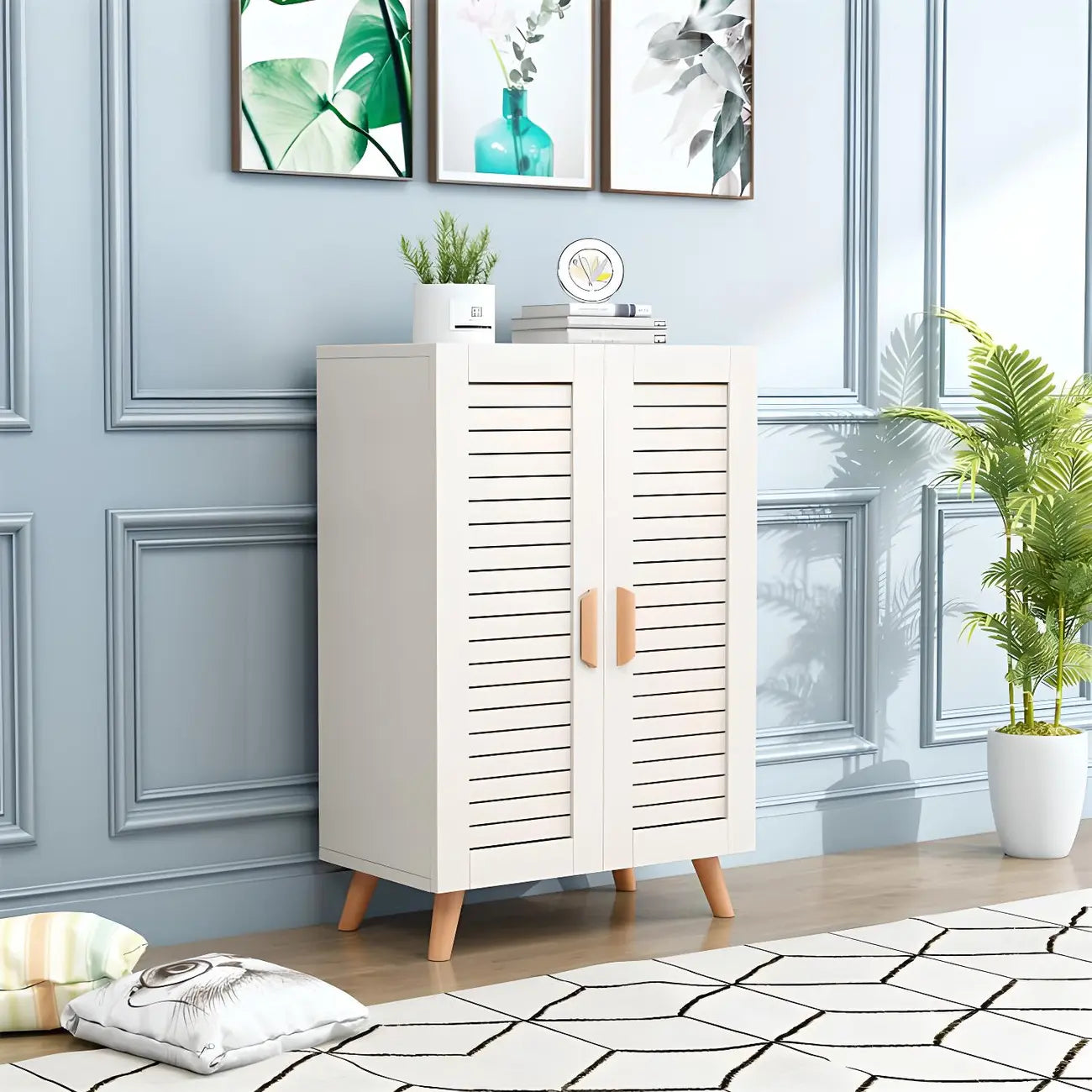 White Louvered Solid Wood Shoe Cabinet for Entryway