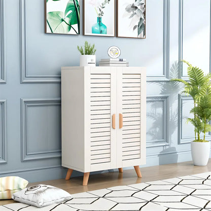White Louvered Solid Wood Shoe Cabinet for Entryway