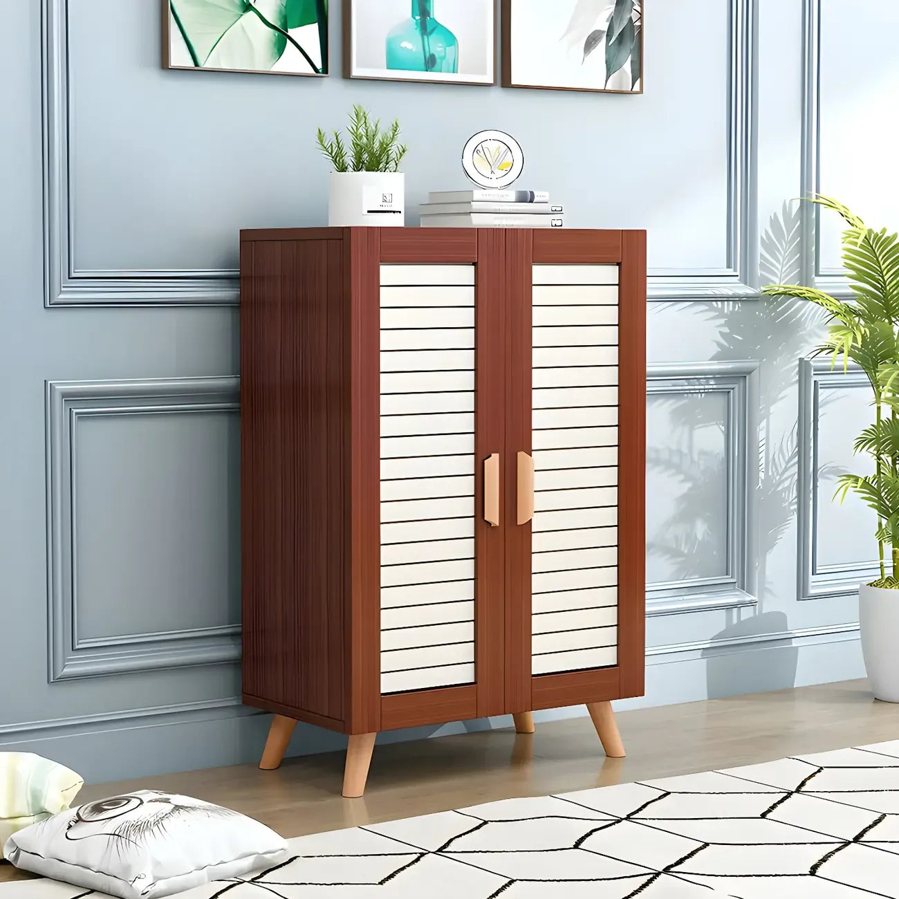 White Louvered Solid Wood Shoe Cabinet for Entryway