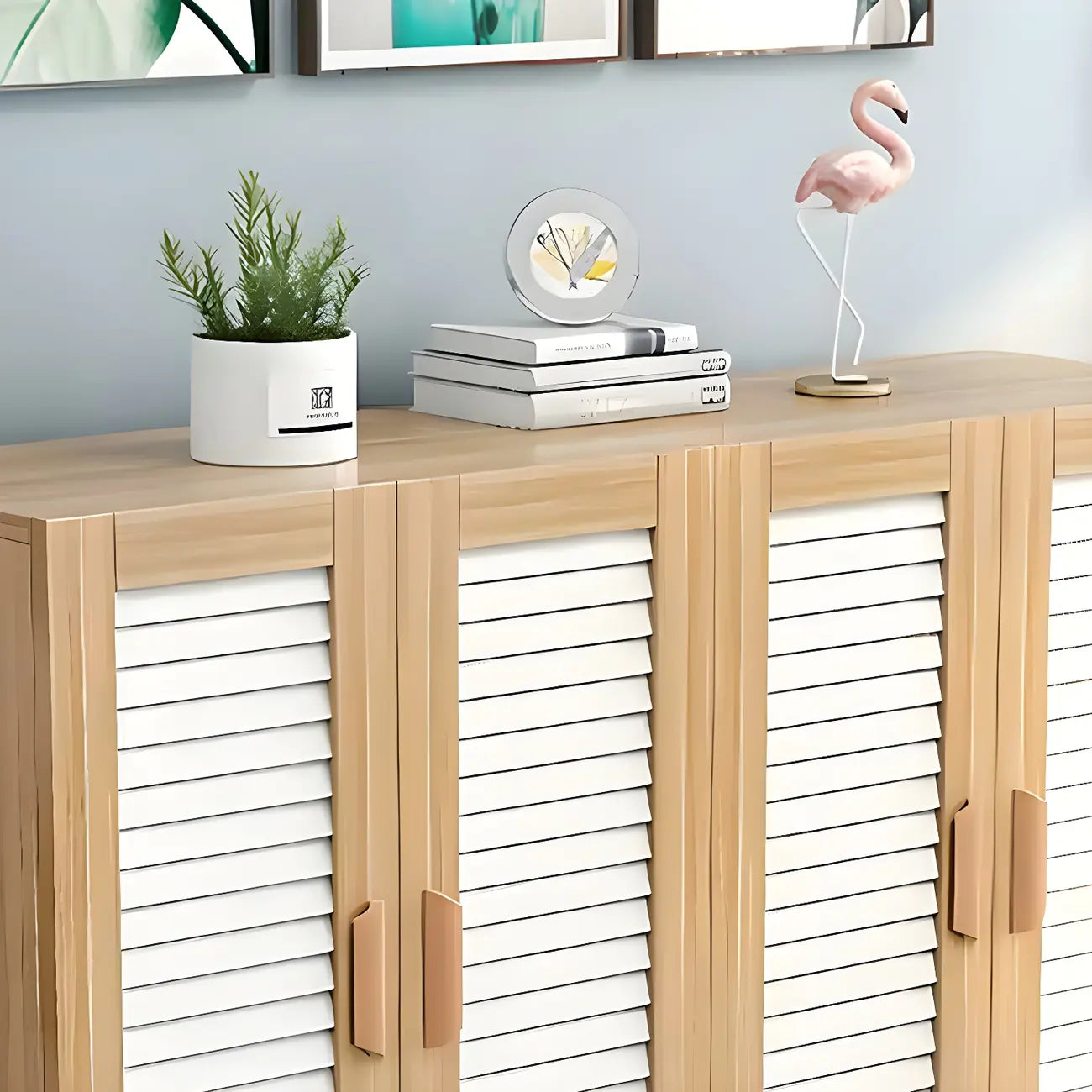 White Louvered Solid Wood Shoe Cabinet for Entryway