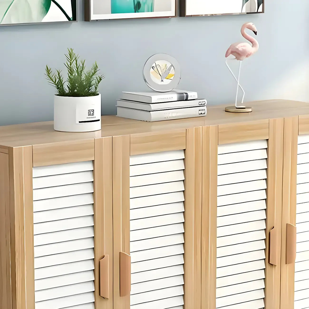 White Louvered Solid Wood Shoe Cabinet for Entryway