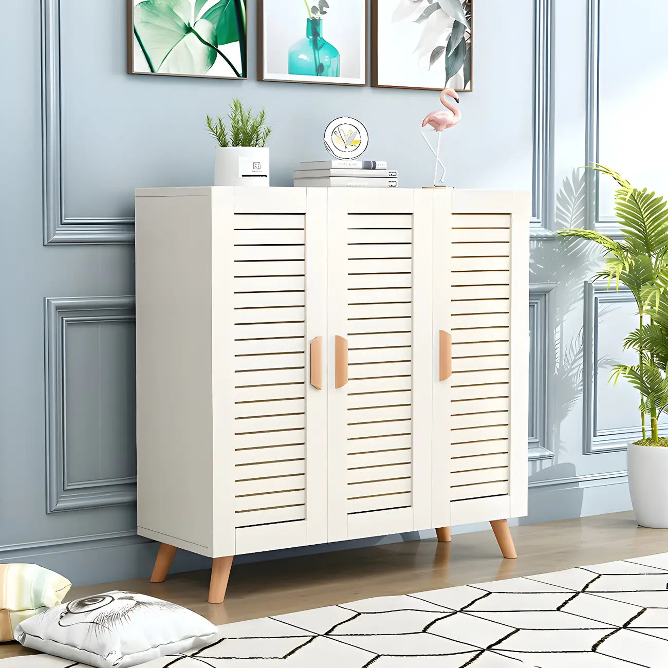 White Louvered Solid Wood Shoe Cabinet for Entryway