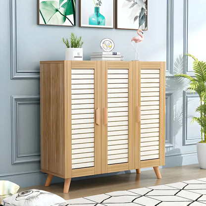 White Louvered Solid Wood Shoe Cabinet for Entryway