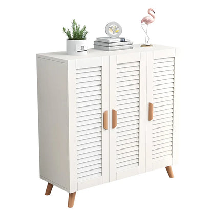 White Louvered Solid Wood Shoe Cabinet for Entryway