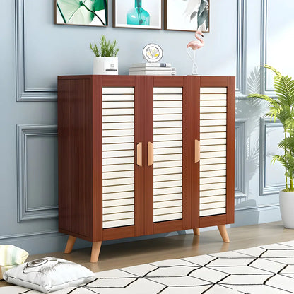 White Louvered Solid Wood Shoe Cabinet for Entryway