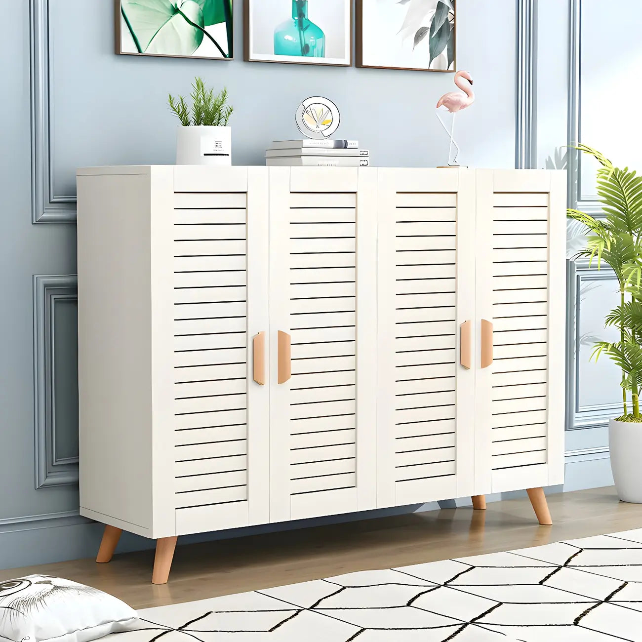 White Louvered Solid Wood Shoe Cabinet for Entryway