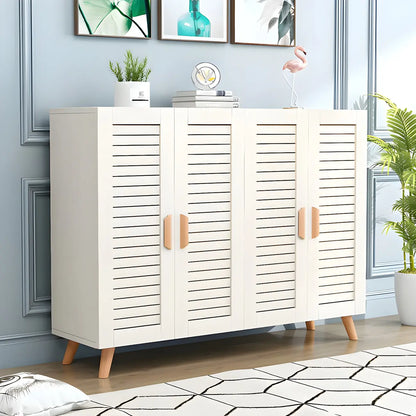 White Louvered Solid Wood Shoe Cabinet for Entryway