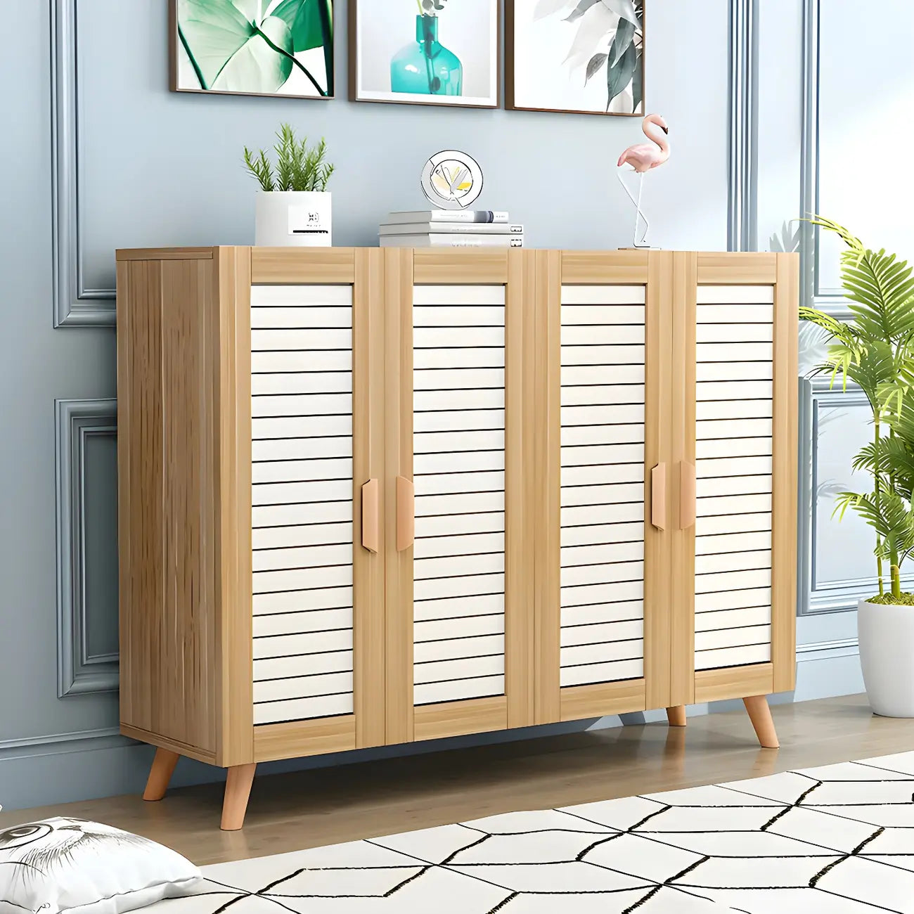 White Louvered Solid Wood Shoe Cabinet for Entryway