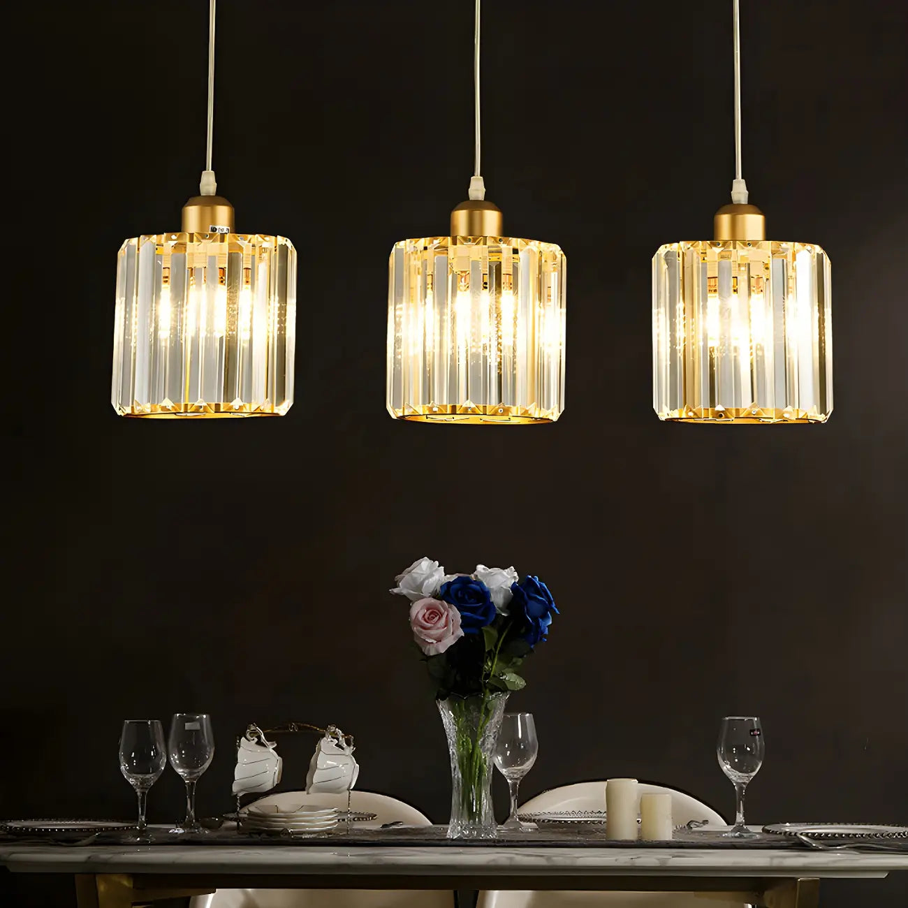 3-Light Gold Crystal Geometric Island Pendant Light for Kitchen