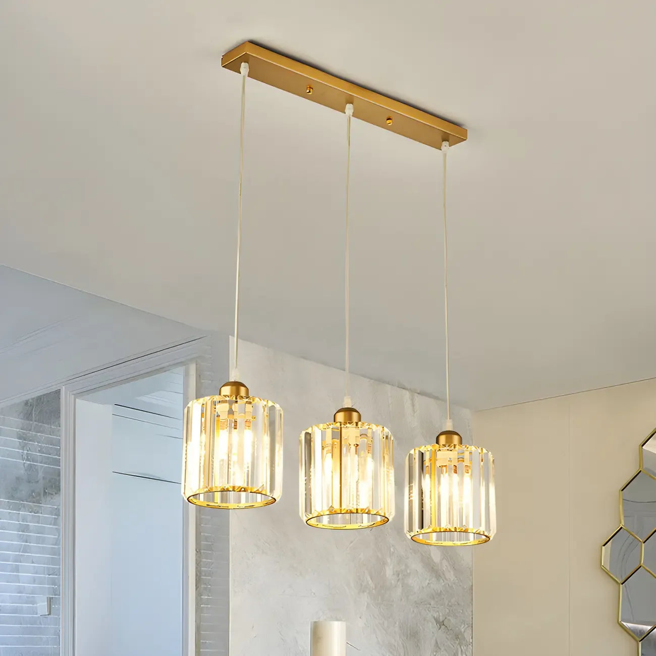 3-Light Gold Crystal Geometric Island Pendant Light for Kitchen