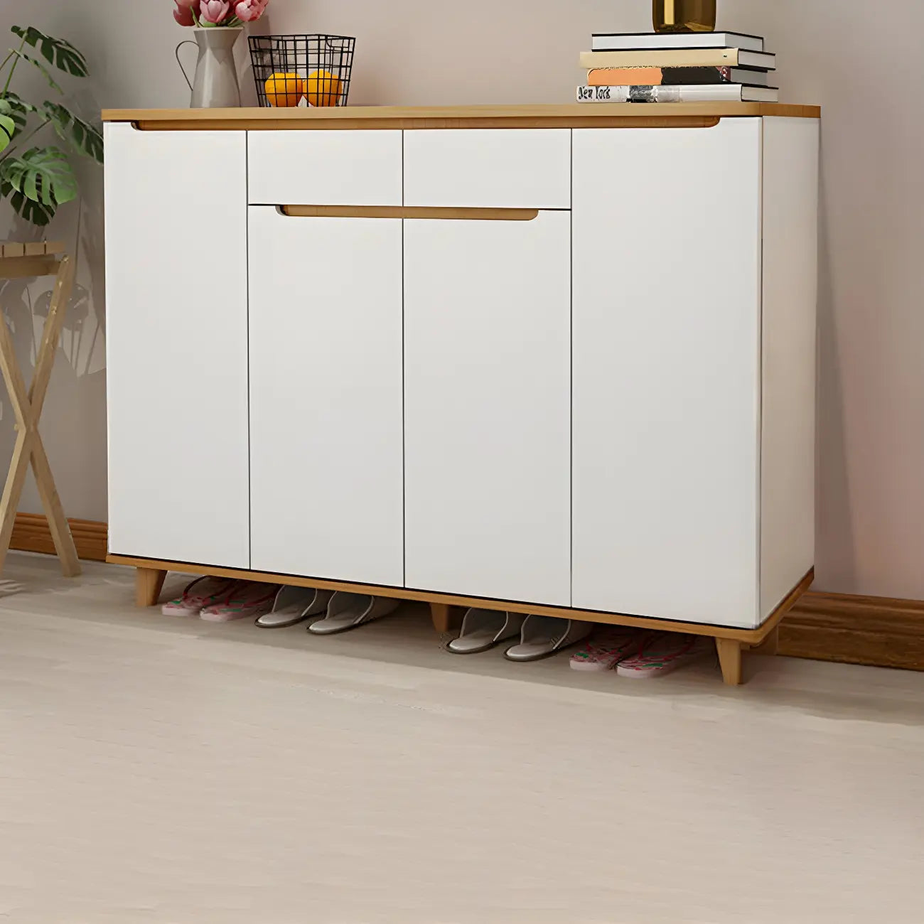 Entryway White Solid Wood Shoe Storage Cabinet