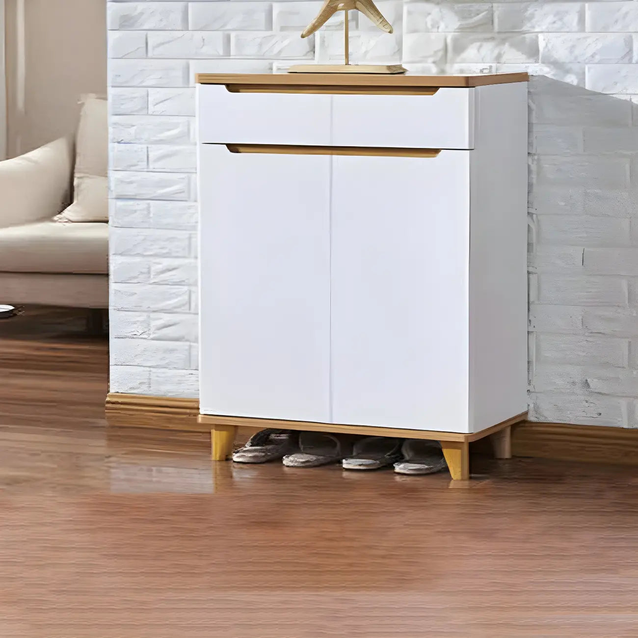 Entryway White Solid Wood Shoe Storage Cabinet