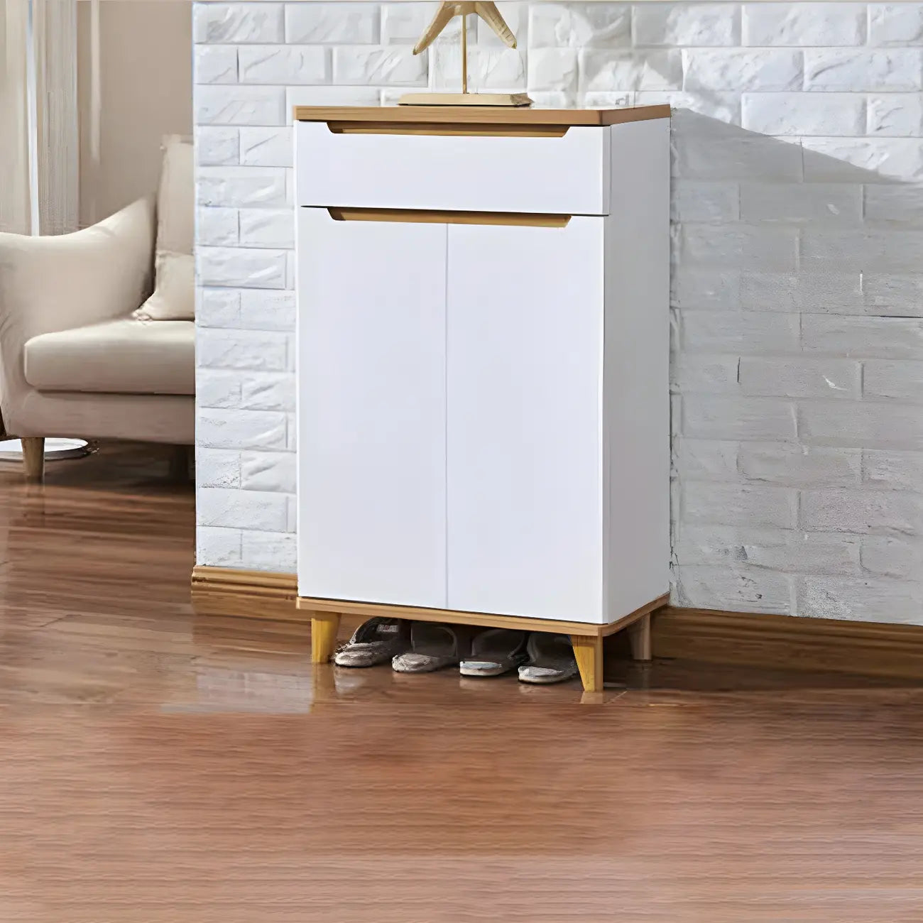 Entryway White Solid Wood Shoe Storage Cabinet