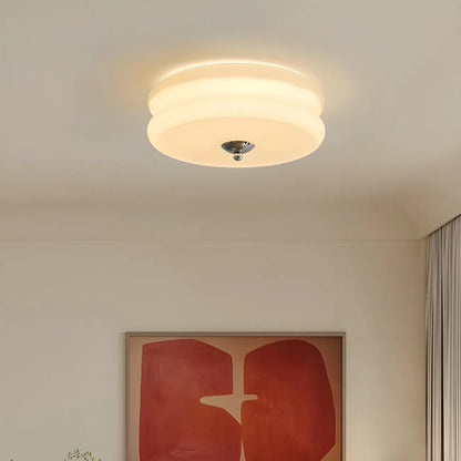 Modern Creamy Round Double-Tier Glass LED Flush Ceiling Light