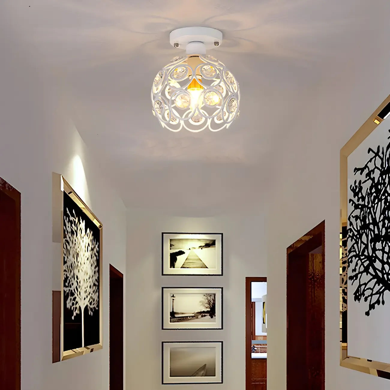 Industrial Hollow Dome Semi Flush Ceiling Light with Crystal