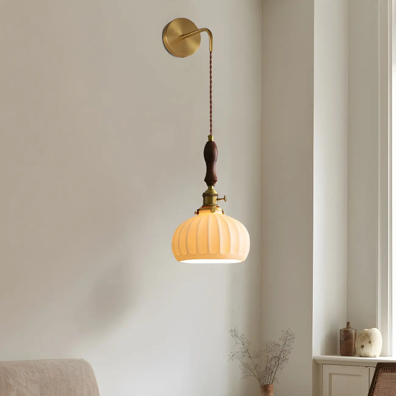 Vintage Brass Ceramic White Pendant Wall Sconce