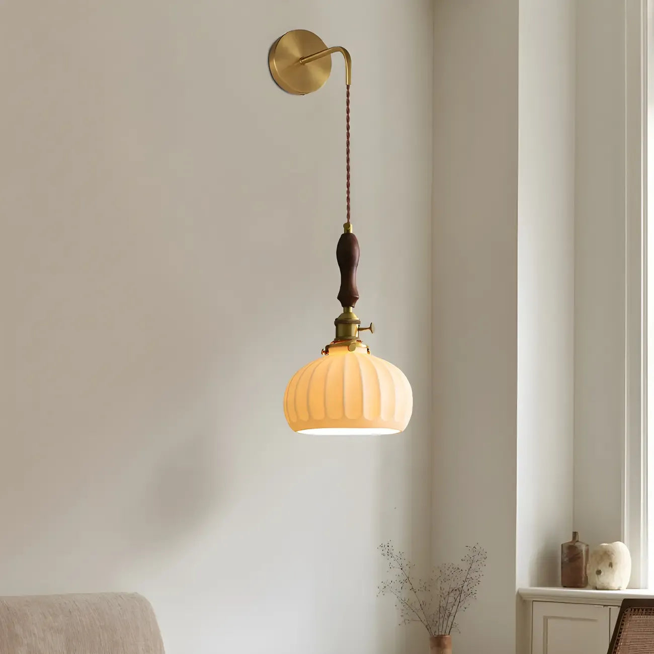 Vintage Brass Ceramic White Pendant Wall Sconce