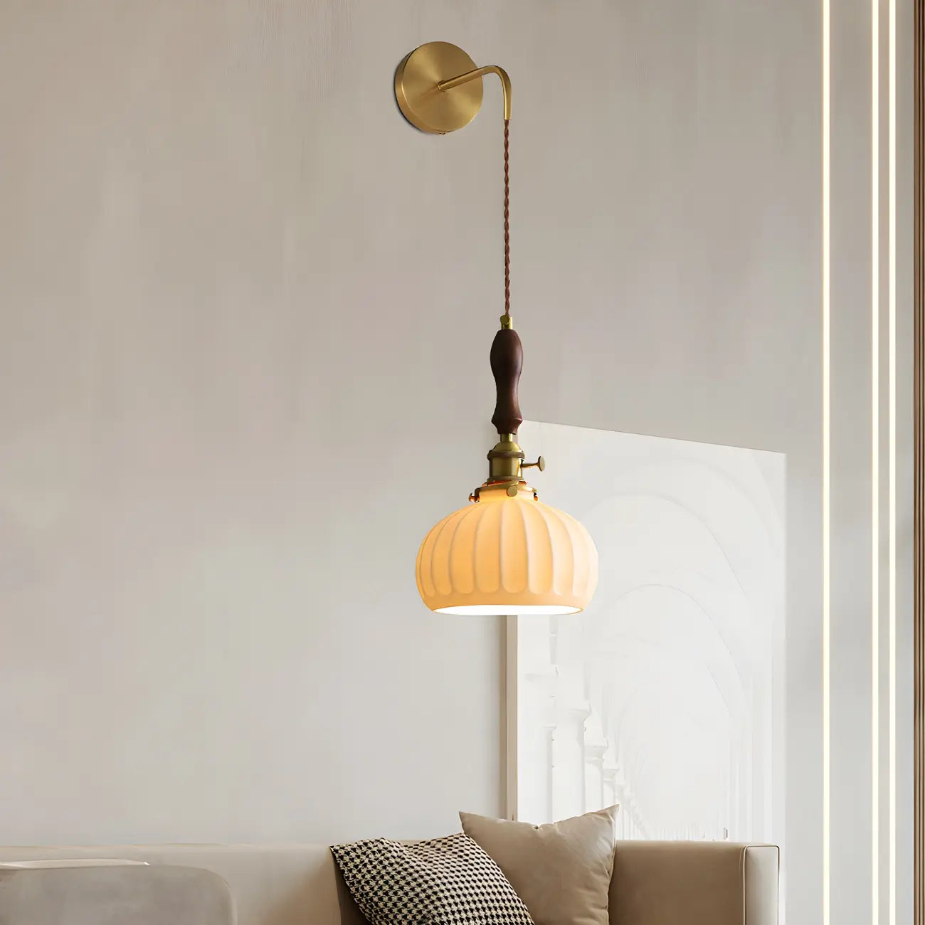 Vintage Brass Ceramic White Pendant Wall Sconce